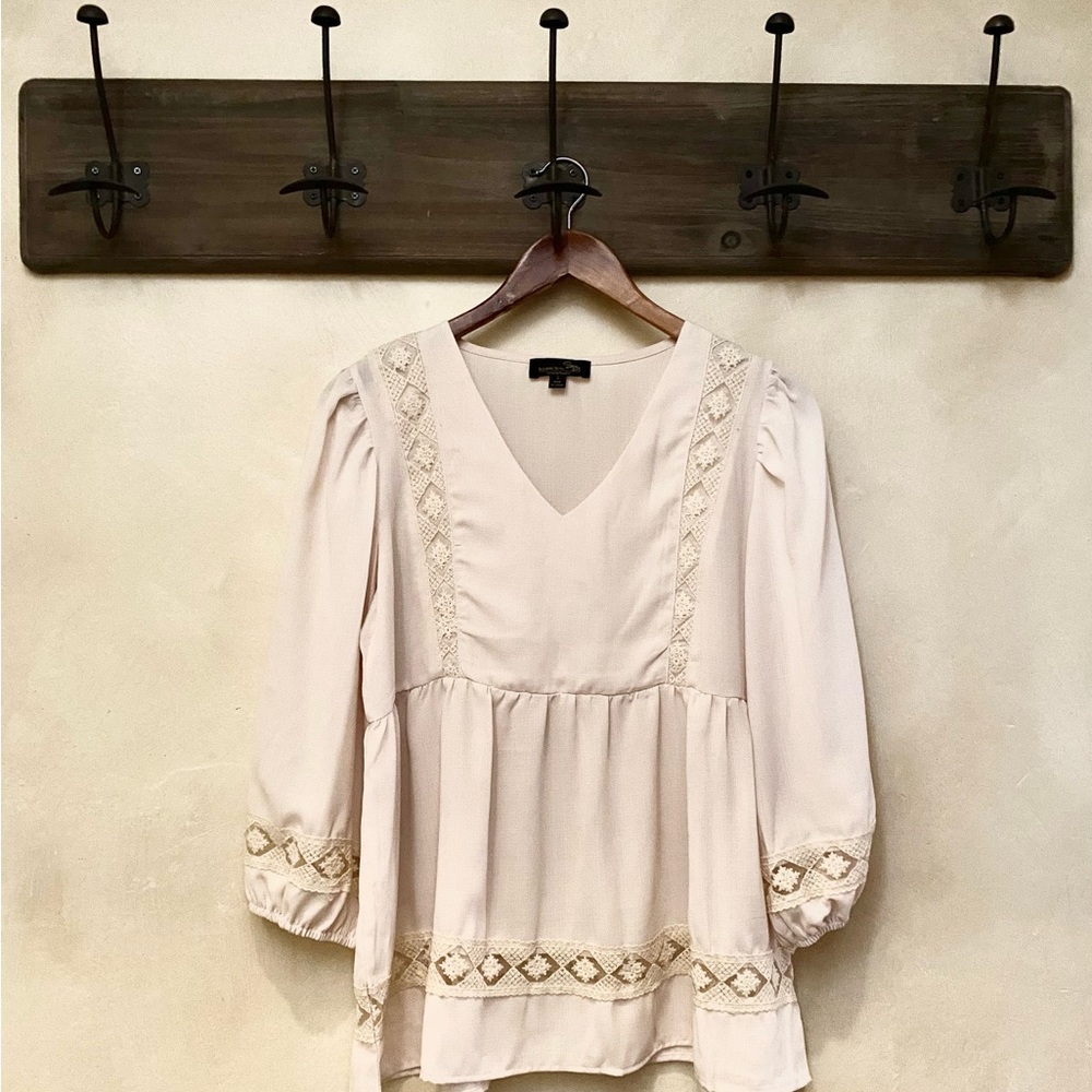 🪶3/$35 Ivory Lace Embroidered Babydoll 3/4 Sleeve SUZANNE BETRO Linen Blouse-S - Picture 2 of 16